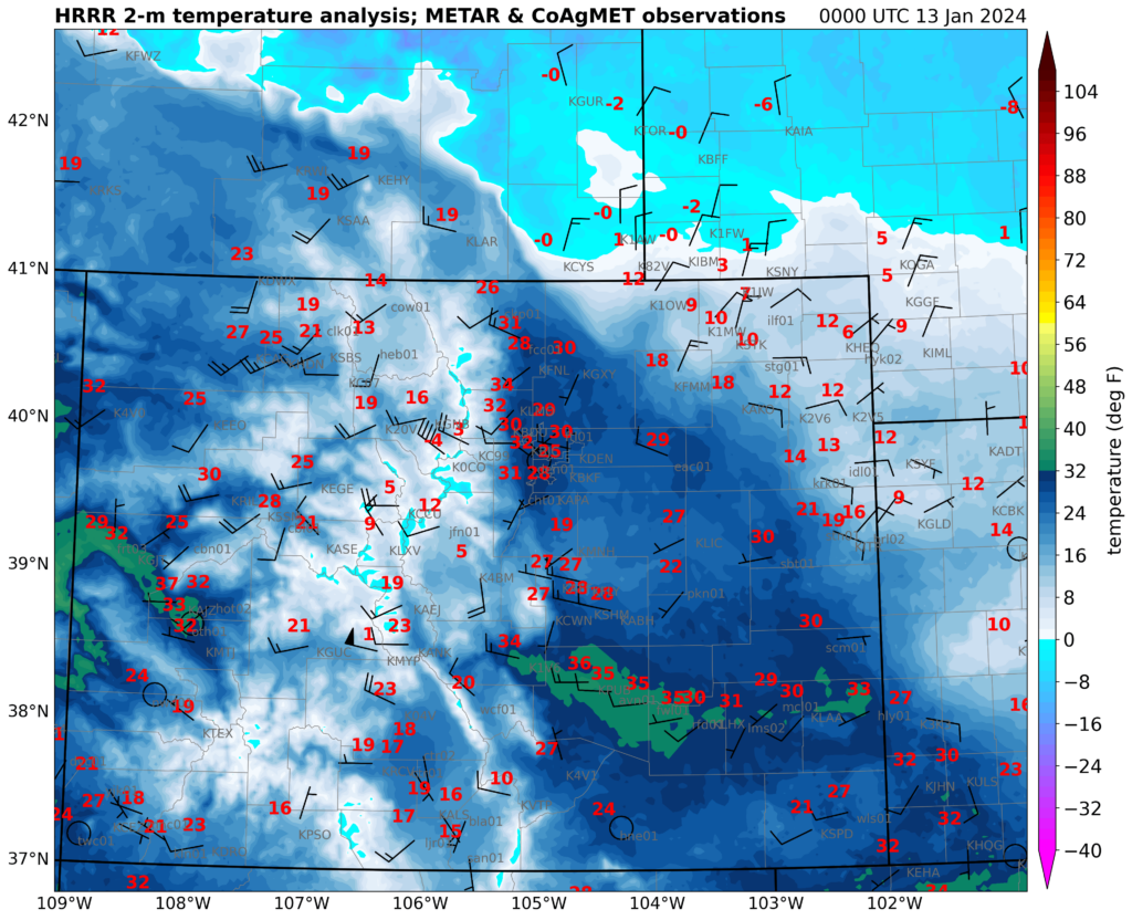 HRRR model analysis and surface observations of 2-meter temperature (°F) at 5:00pm Mountain time on 12 January 2024.